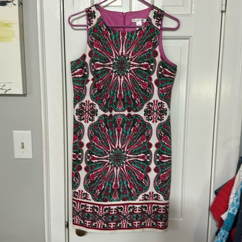 LONDON TIMES Women's Geometric Kaleidoscope Floral Cotton Shift Dress Size 6
